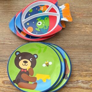 3 Pc Teddy Bear & Bee/ 2 Pc Space Theme Melamine Dishes - Dishwasher Safe